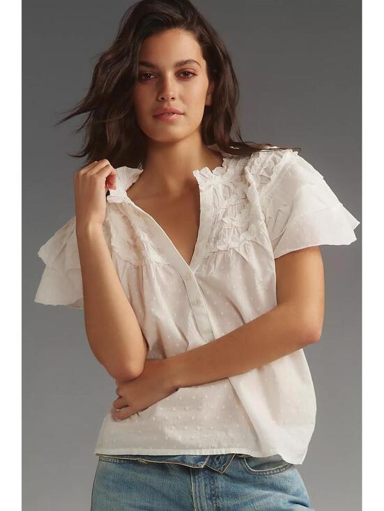 By Anthropologie Tops - By Anthropologie Layered-Sleeve Henley Top White Dotted Swiss Dot Ruffle Blouse
